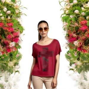 Women Tee HYBRID Apparel Cross Front Lace Back T-Shirt Red Black Distressed Top